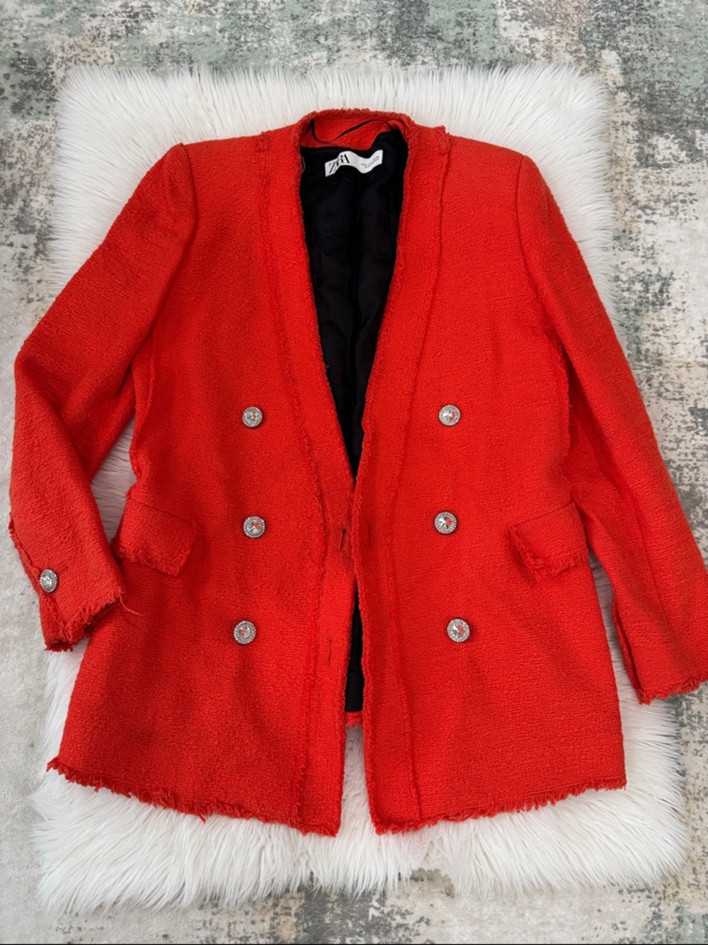 Zara Red Bouclé Double-Breasted Blazer Jacket